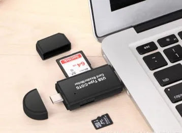 Black USB 3.0 memory card reader for SD and TF cards with a Type-C connector