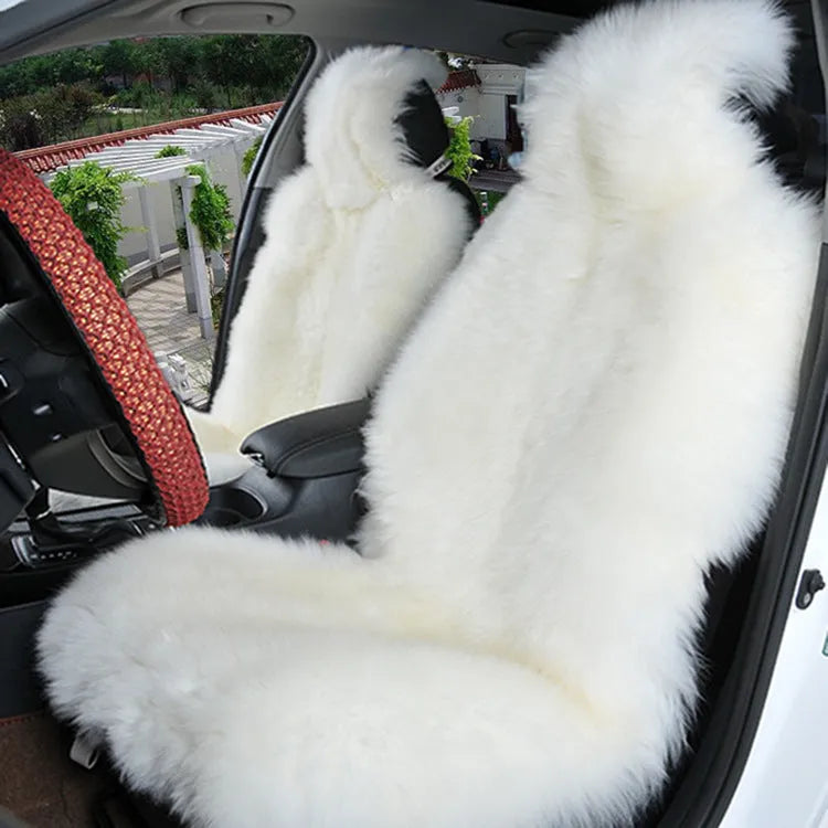 White winter plush car seat cushion with cotton filler on a single seat