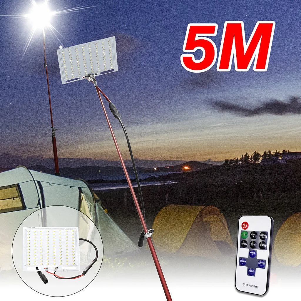 White LED fishing rod light unit mounted on a tall telescopic pole for outdoor portable lighting.