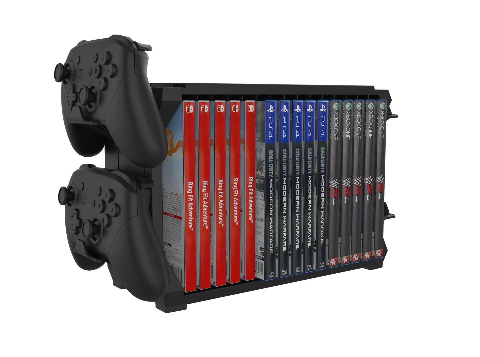 Black ABS gaming organiser stand holding game cases and four controllers for PS5 and Xbox Series X.