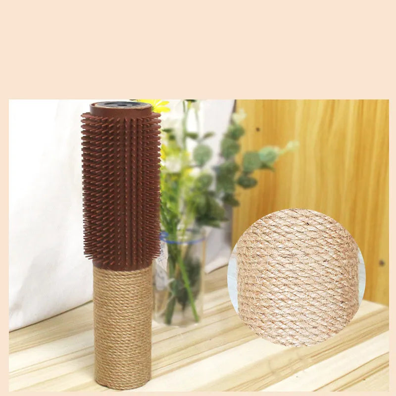 A tall, narrow sisal scratching post for cats on a floor.