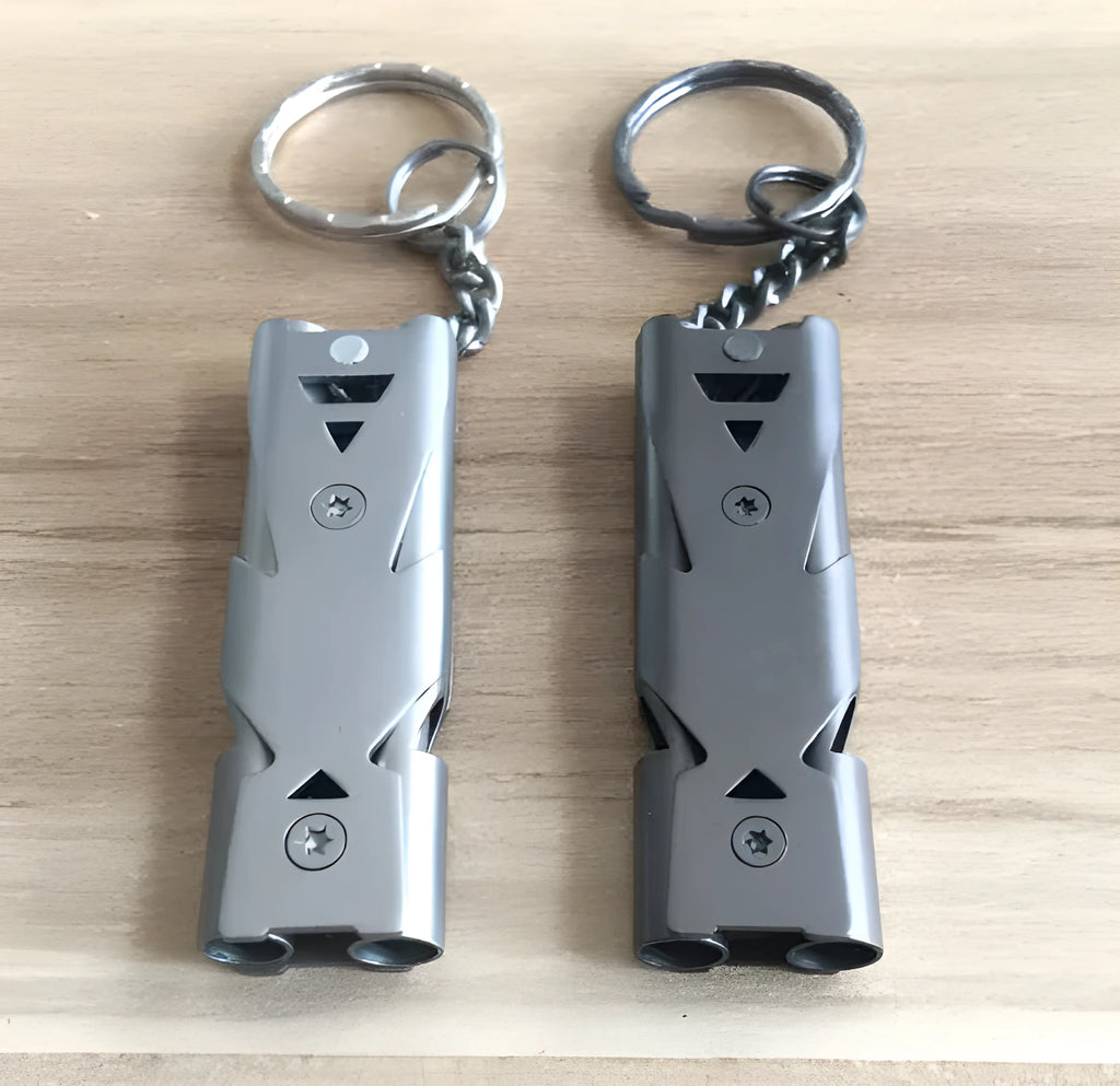 Metal keychain whistle with keychain ring in black and silver colour options