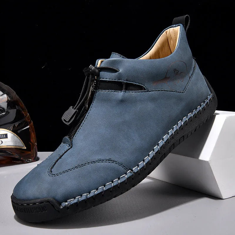 Men's casual leather shoes with mid heels in black, blue, green, or khaki colours