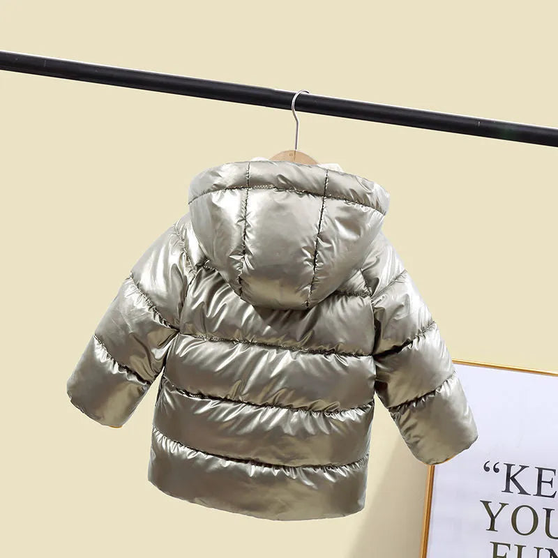 Thickened boys winter cotton coat with round neck, plain pattern, in black, for children over 8 years old