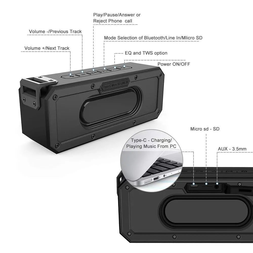 X3 PRO waterproof portable 40W Bluetooth speaker in black with carrying rope