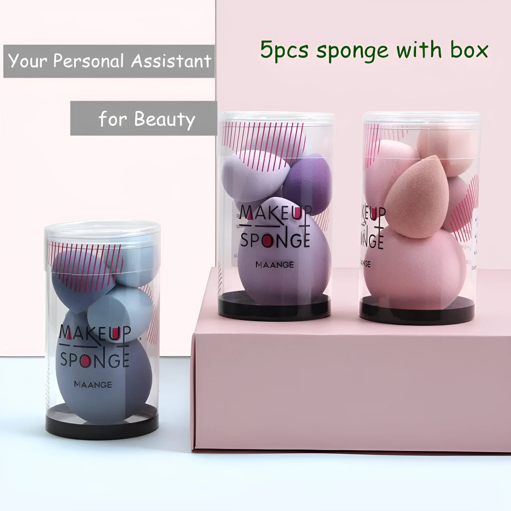 Five mini beauty eggs cosmetic sponges in blue pink and purple with flocking velour surface