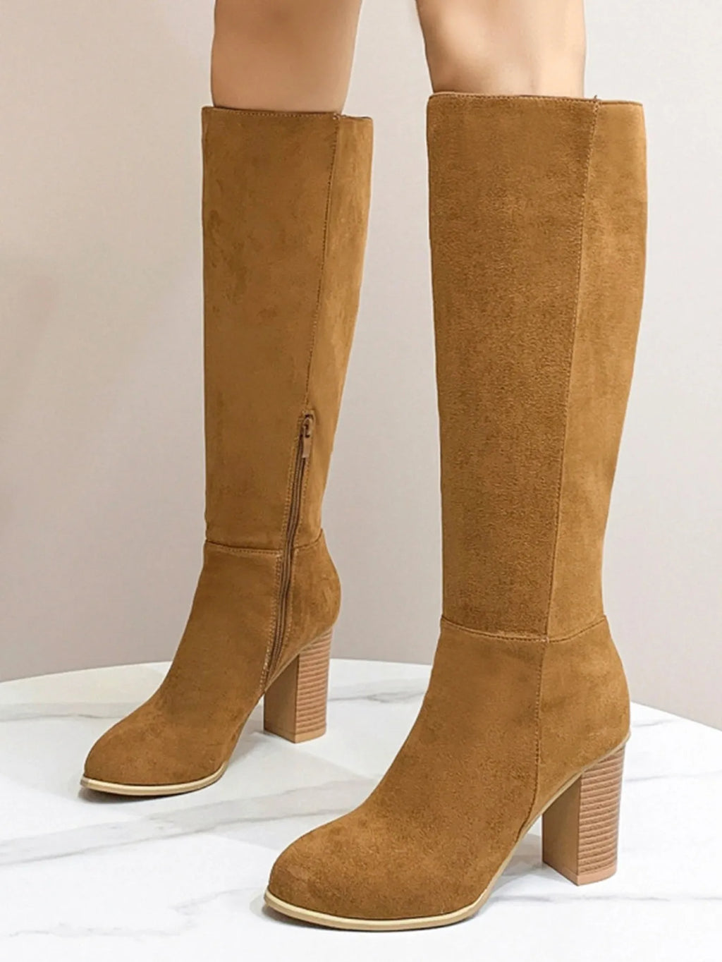 Women's square toe high heel fashion boots in black and dark brown colours with artificial PU upper