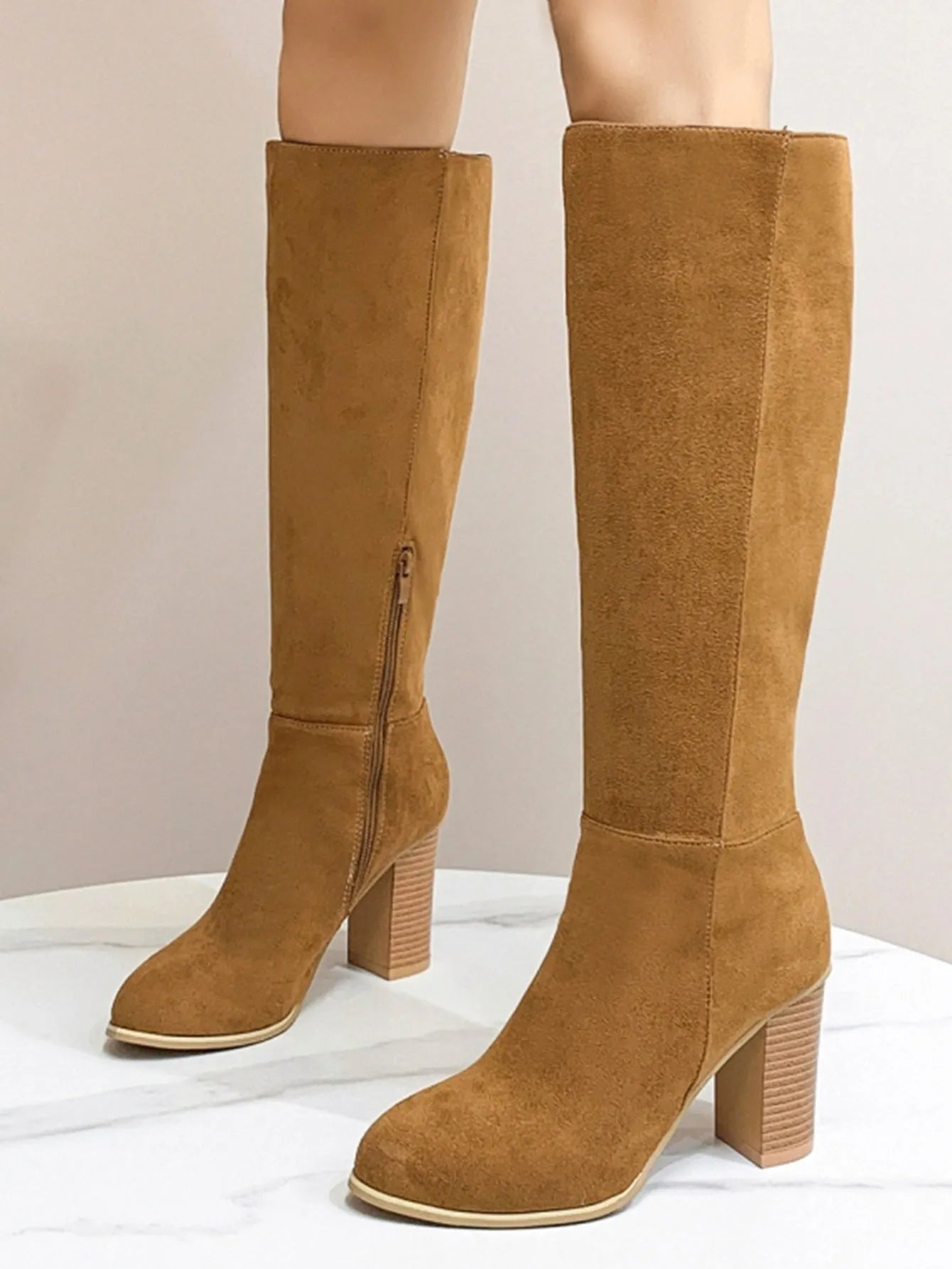 Women's square toe high heel fashion boots in black and dark brown colours with artificial PU upper