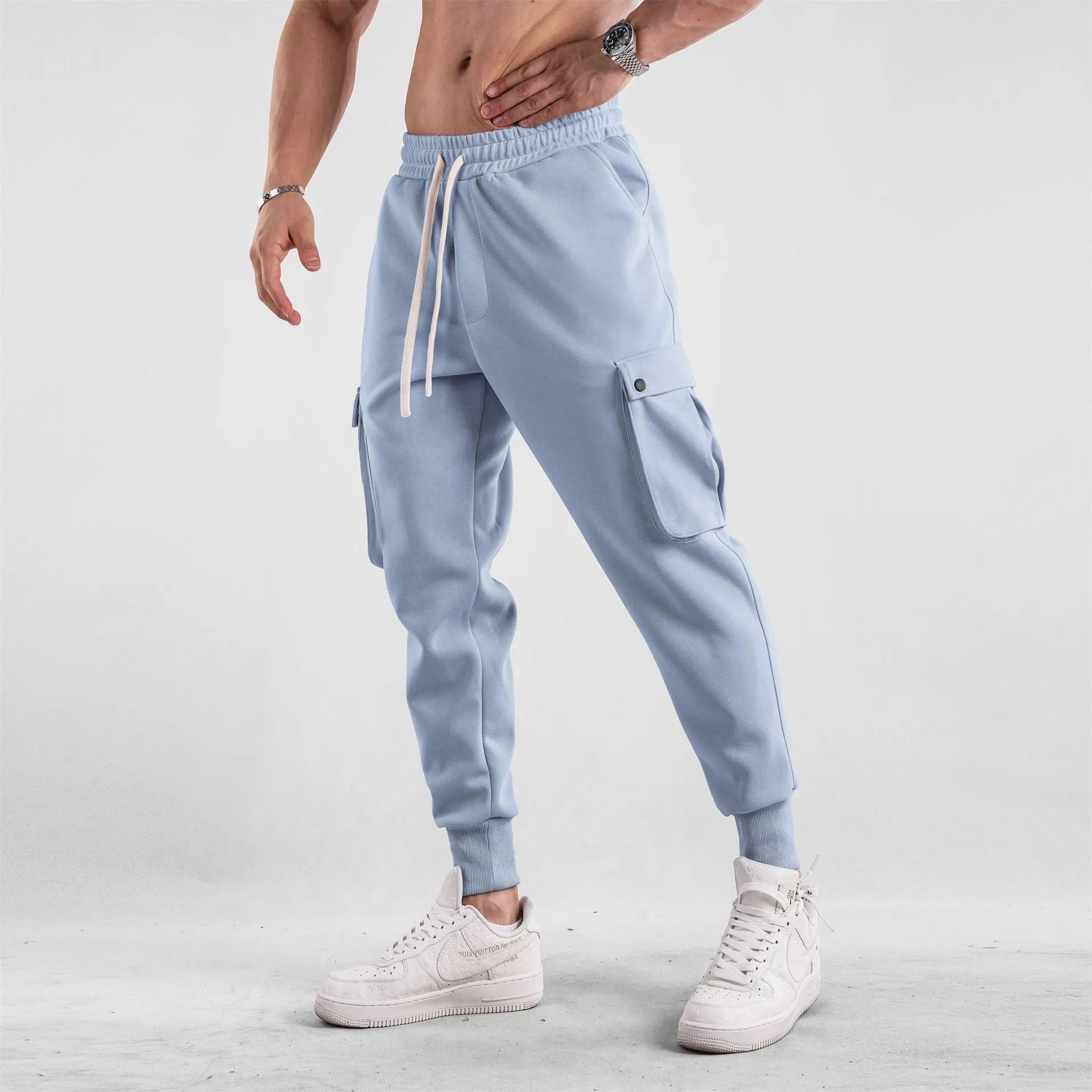 Men's loose fit cotton ankle-tied sports trousers with multiple pockets in six colour options