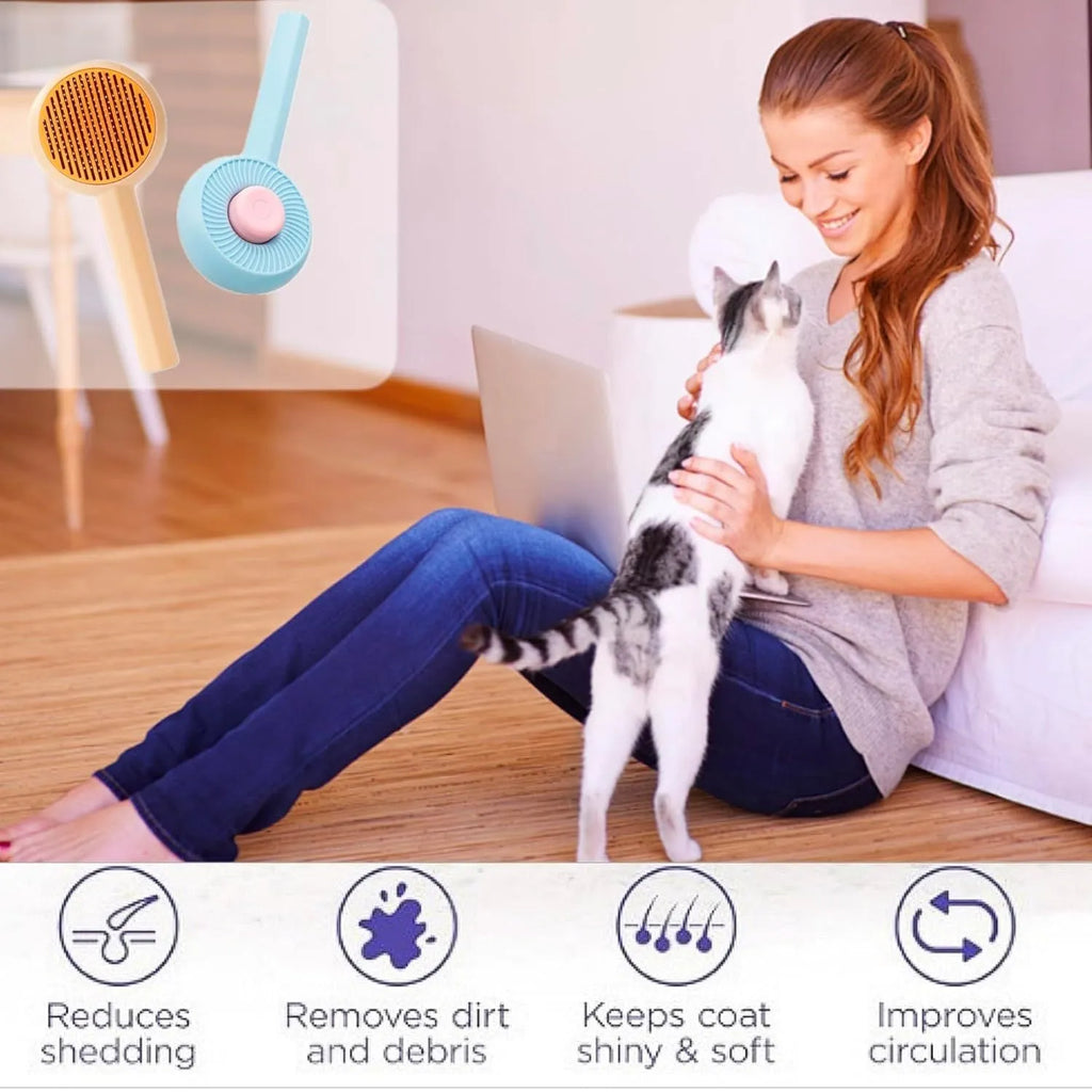 Blue pet grooming brush with metal needles and self-cleaning button for cats and dogs