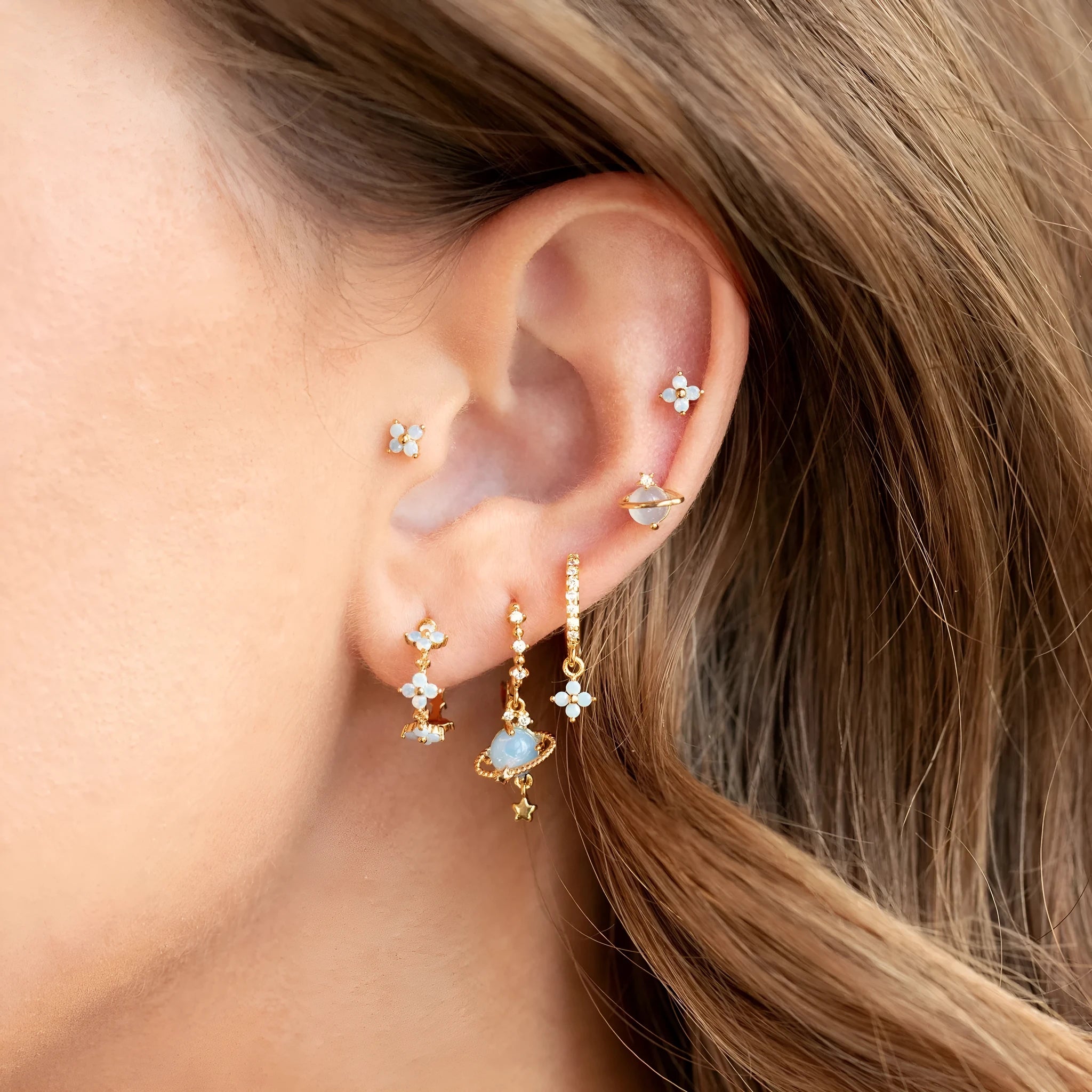 Gold and silver floral geometric stud earrings with zircon mosaic detail, Japanese Korean style.