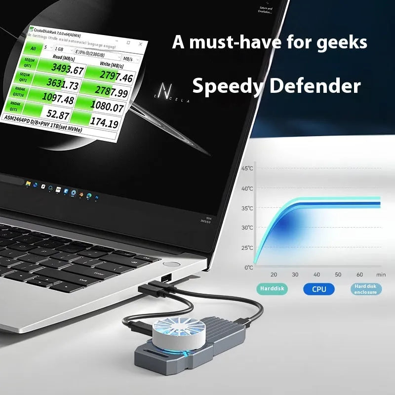 Silver aluminium USB4 external hard drive enclosure for NVMe M2 SSDs
