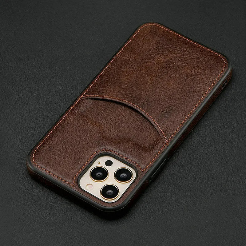 Dark blue PU leather protective case for iPhone, shown fitting an iPhone model.