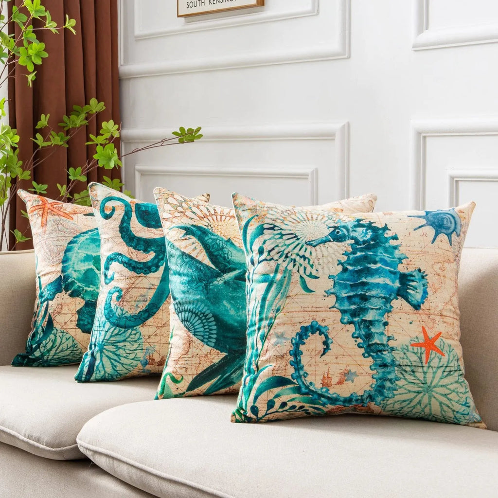 Linen cushion cover sea turtle printed pattern 45x45cm with invisible zipper