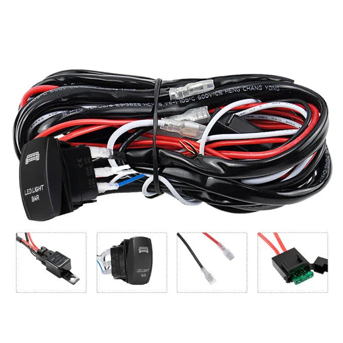 Black 2-metre off-road LED spotlight cable harness kit with integrated light bar switch for 4x4 vehicles