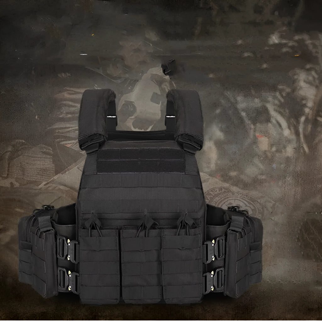 Men's camouflage tactical vest in polyester fabric for outdoor training and shooting sports.