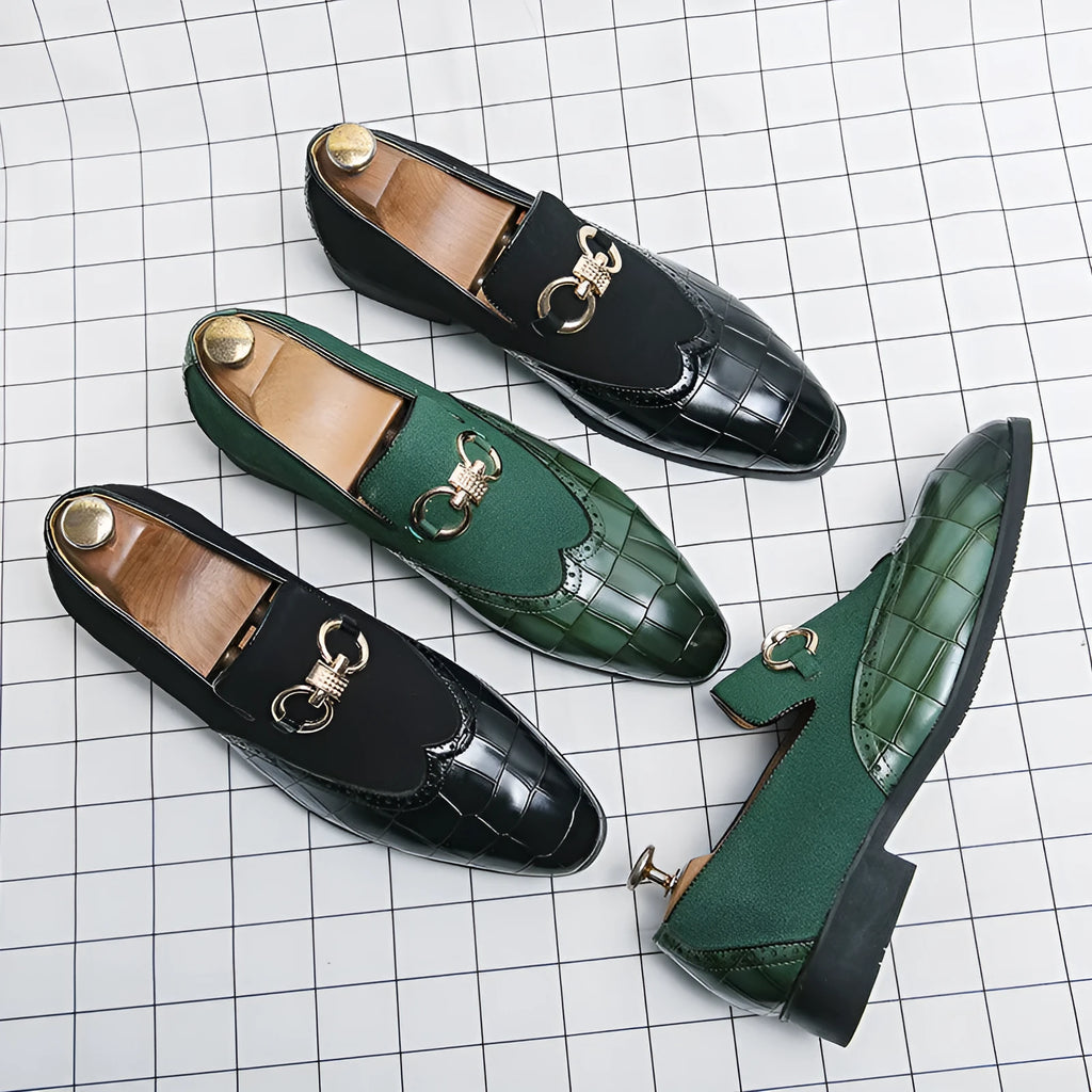 Men's black and green Korean style casual leather shoes with pointed toe and rubber sole