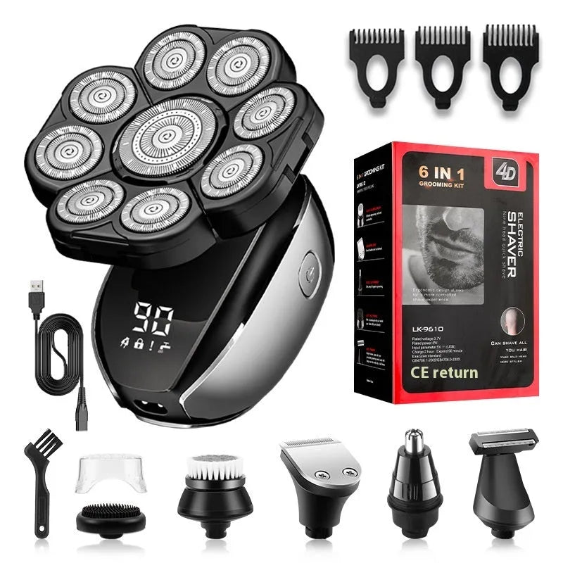 Black rechargeable 6-in-1 hair clipper and beard trimming kit with multiple attachments laid out.