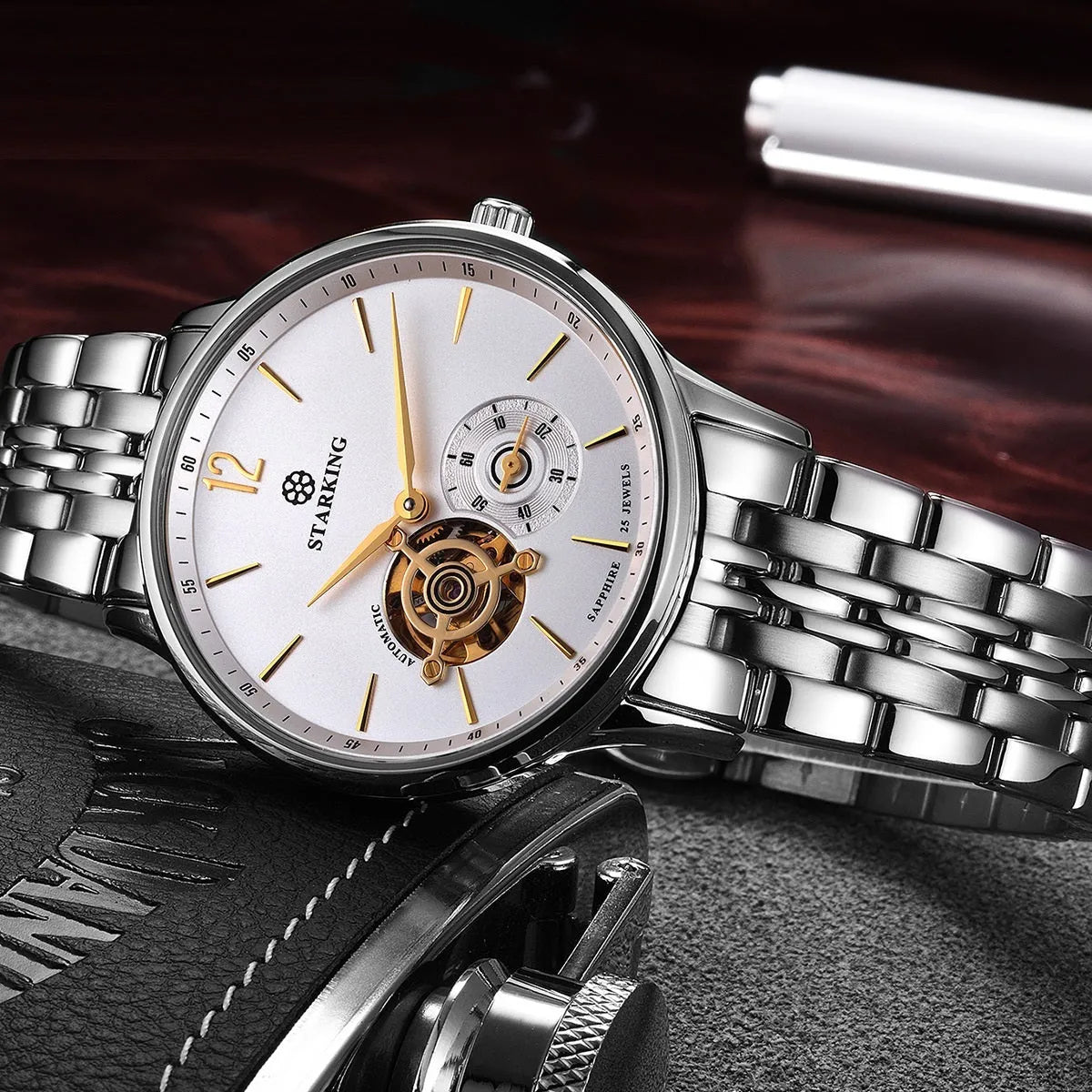 Men's stainless steel automatic business watch with sapphire crystal and brown leather strap