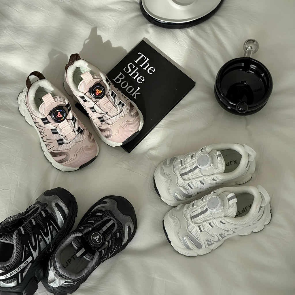 Girls casual shoes with PU leather mesh uppers in black, beige and pink colours
