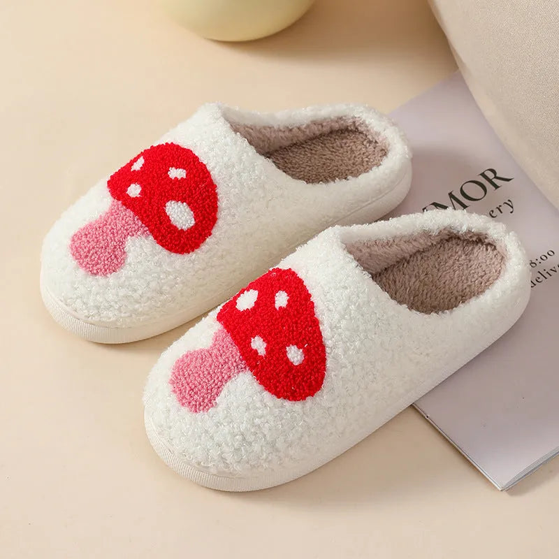 Adult women's plush cartoon pattern slippers with round toe and non-slip PVC sole