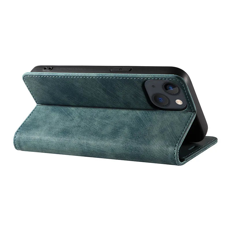 Genuine leather magnetic flip phone case for iPhone showing closed position with magnetic closure