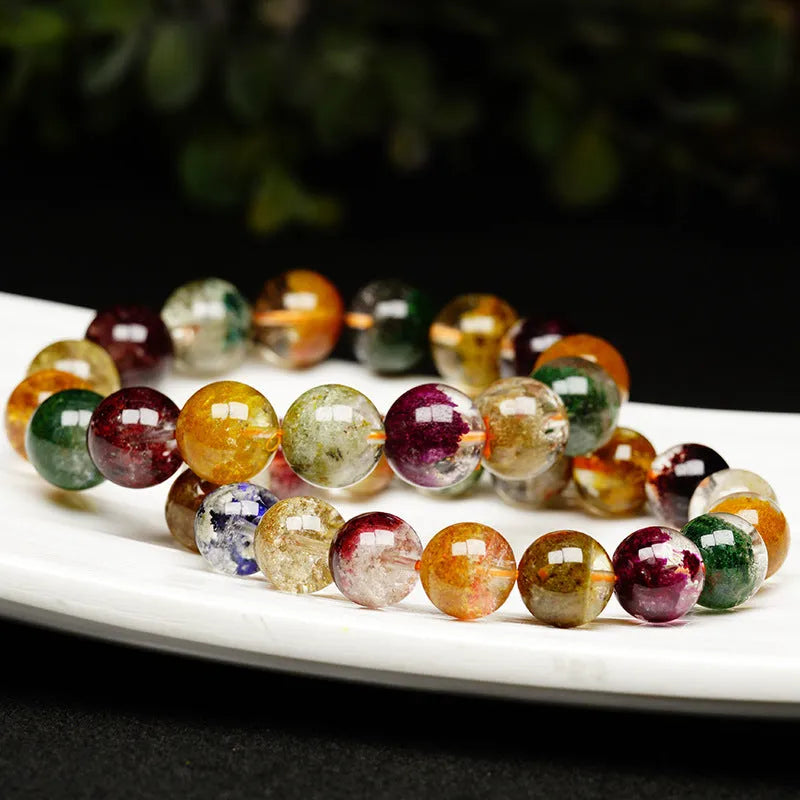 Natural four seasons colourful ghost cornucopia crystal bracelet with 10mm beads and retro ethnic style