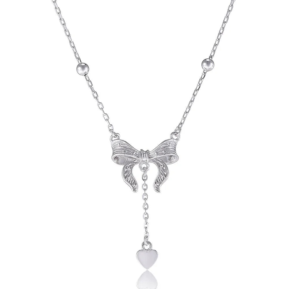 S925 silver butterfly heart necklace with adjustable O-ring chain and bow detailing