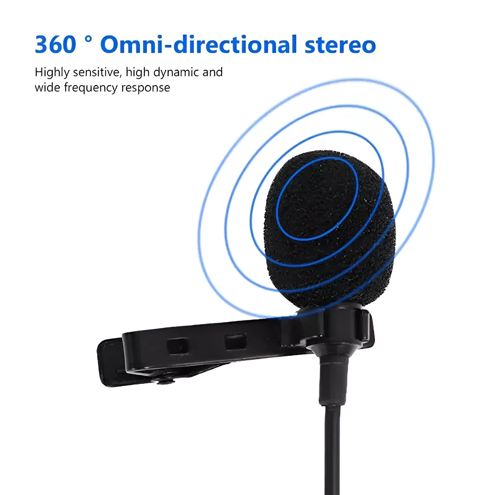 Black wired lavalier clip microphone with in-ear monitors and multiple plug options on a white background.