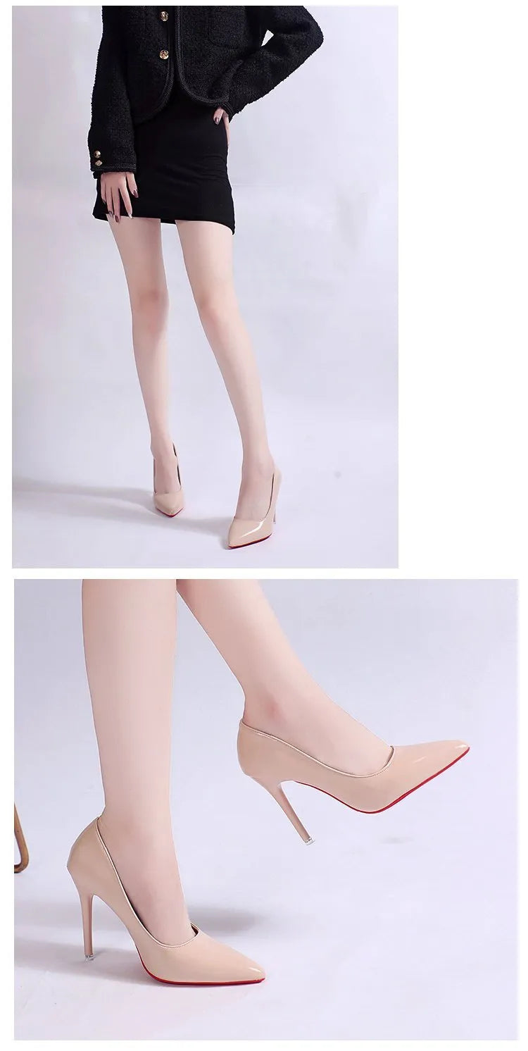 Women's pointed toe stiletto heel pumps in black with shallow mouth opening