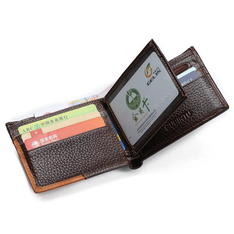 Korean style horizontal leather wallet with personality stitching, open to show bill holder, card slots and zipper compartment.
