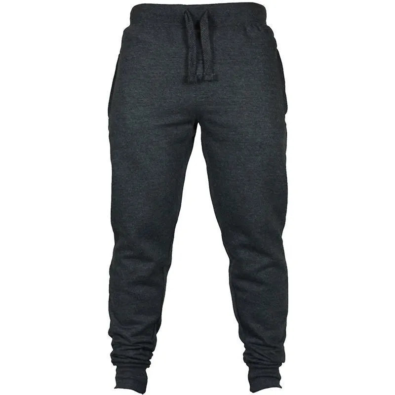Men's grey fleece casual trousers with drawstring waistband and loose pencil pant fit