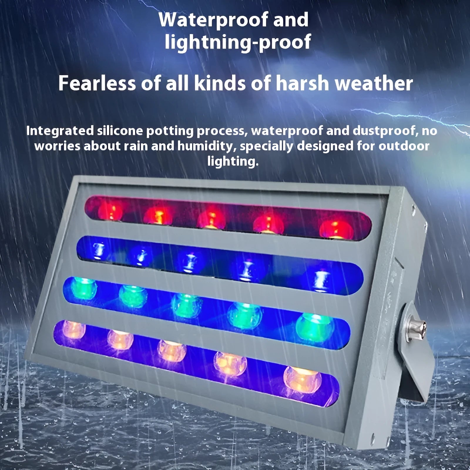 Outdoor LED Rainbow Tree Lamp with aluminium shell showing RGB colour projection.