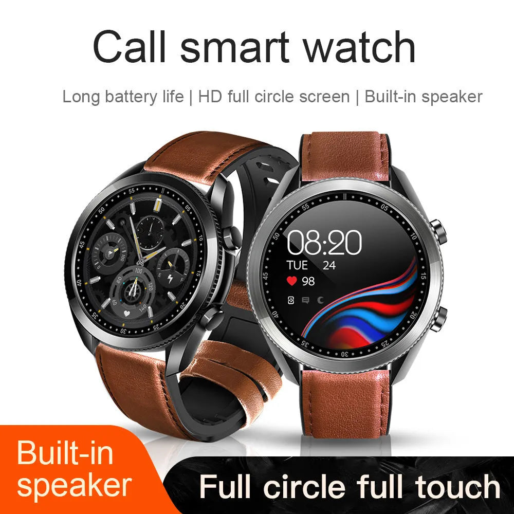 UM90 smart watch with black leather strap showing large screen displaying heart rate and time.