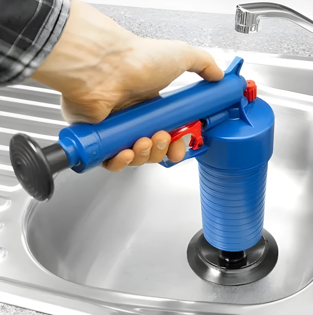 Plastic high-pressure drain blaster gun with four coloured suction cup adaptors for unblocking pipes.
