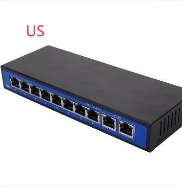 8+2 port 100M POE switch with 48V external power adapter, RJ45 ports, and LED indicators on a dark chassis