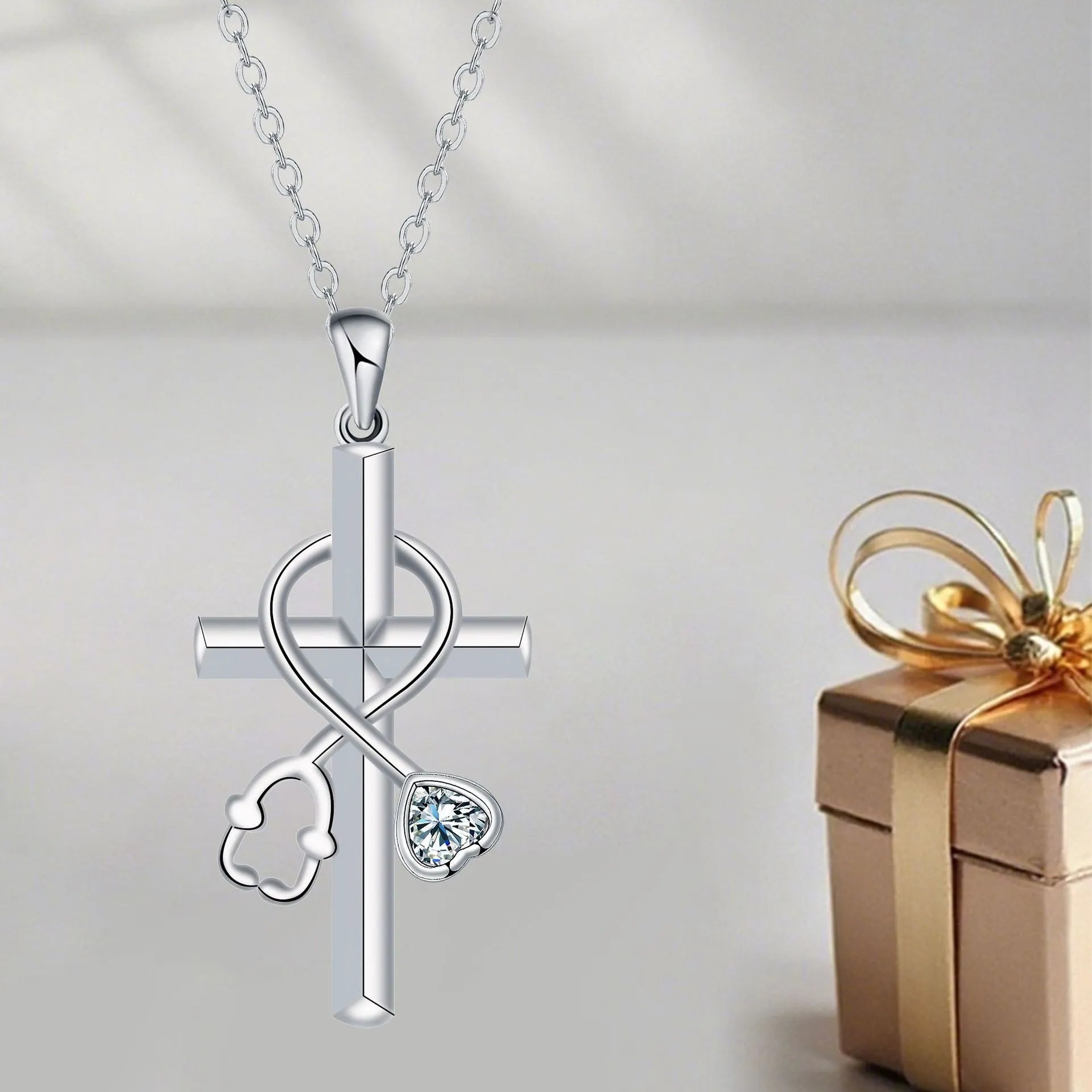 Cross stethoscope necklace with copper pendant on cross chain, electroplated finish