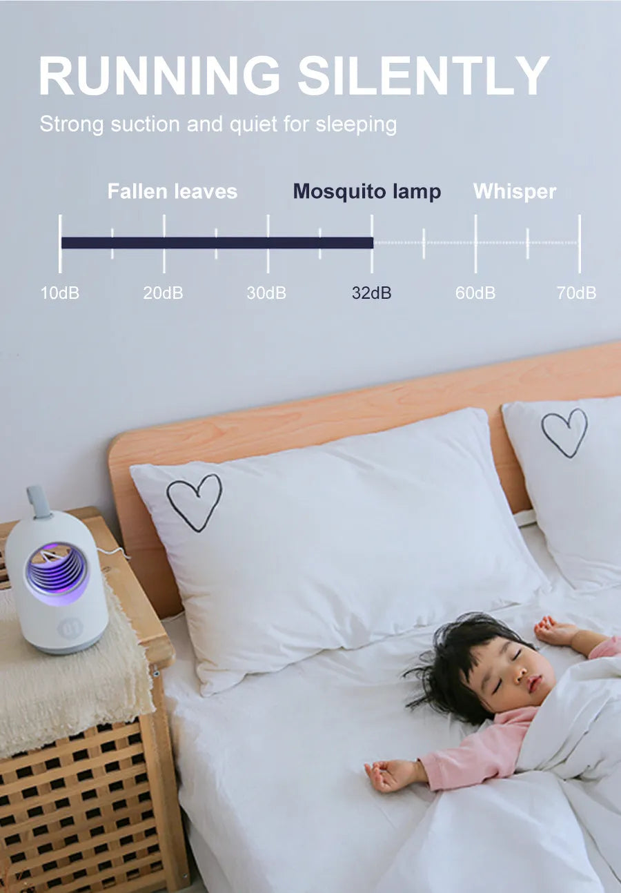 Blue or white indoor mosquito killer lamp with UV light, USB port, and silicone carry handle.