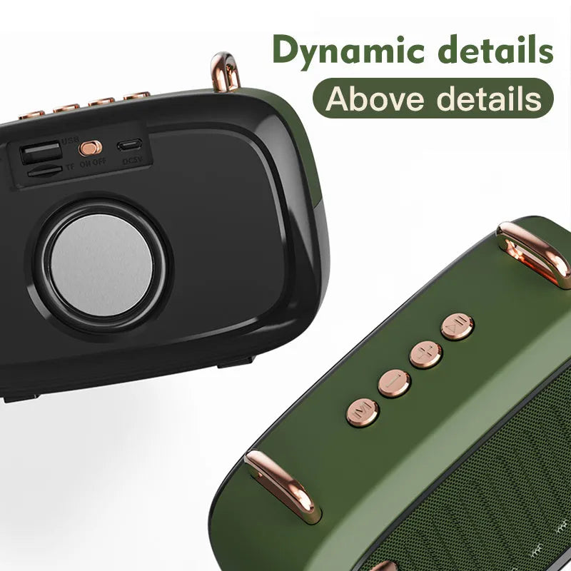 Portable mini speaker with subwoofer measuring 138x50x86mm in black, blue, green, grey, or orange colours