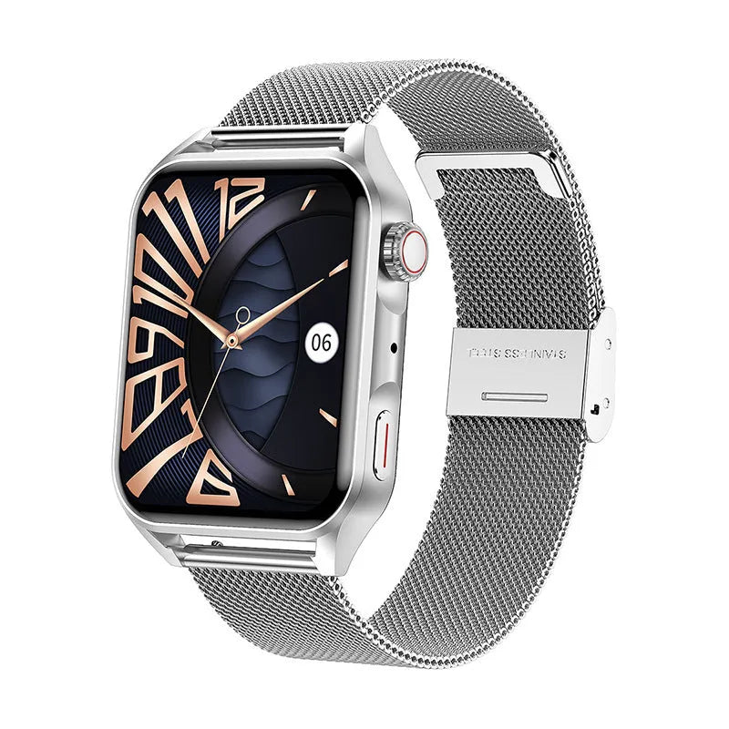 Smart watch with AMOLED display and silicone strap showing multiple watch face designs
