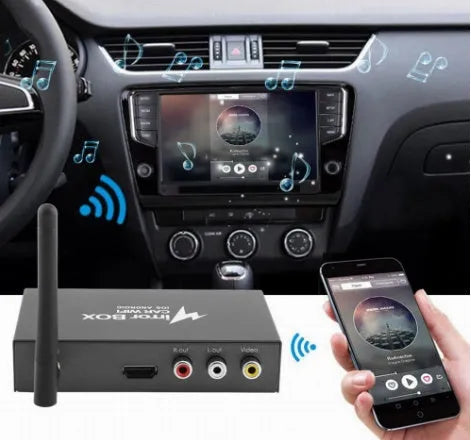 Black car mirror link box Wi-Fi converter with power cable, antenna, AV cable, and manual for smartphone car entertainment