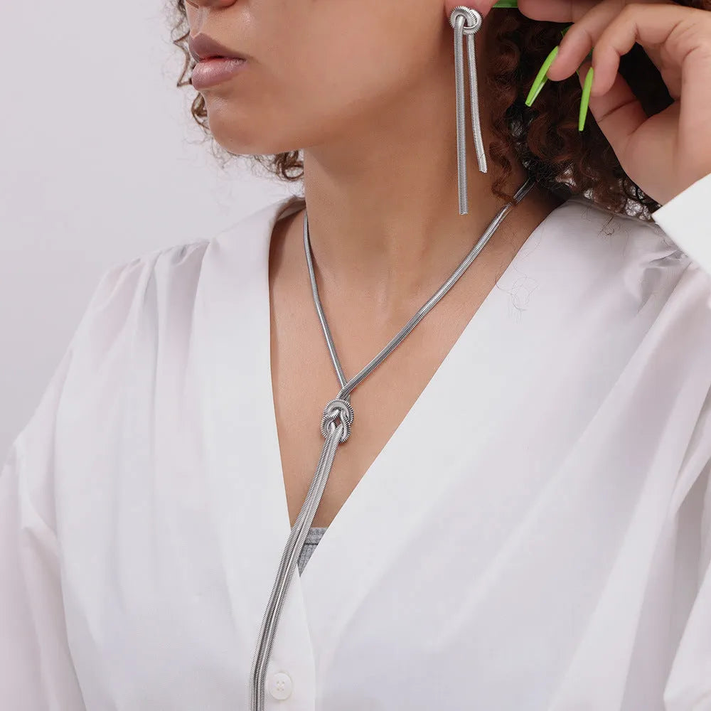 Gold knotted tassel snake chain long necklace with matching earrings set for women