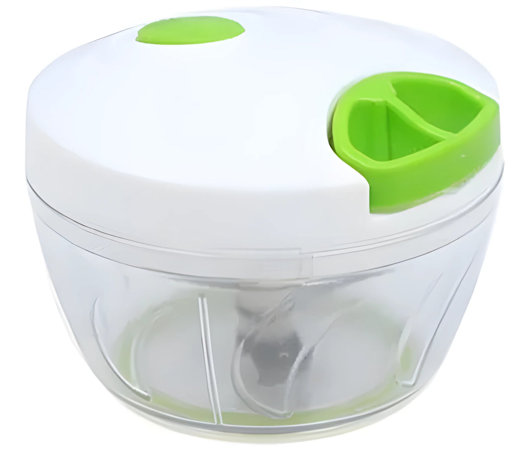 Green manual kitchen chopper with three blades and a 500ml transparent bowl.