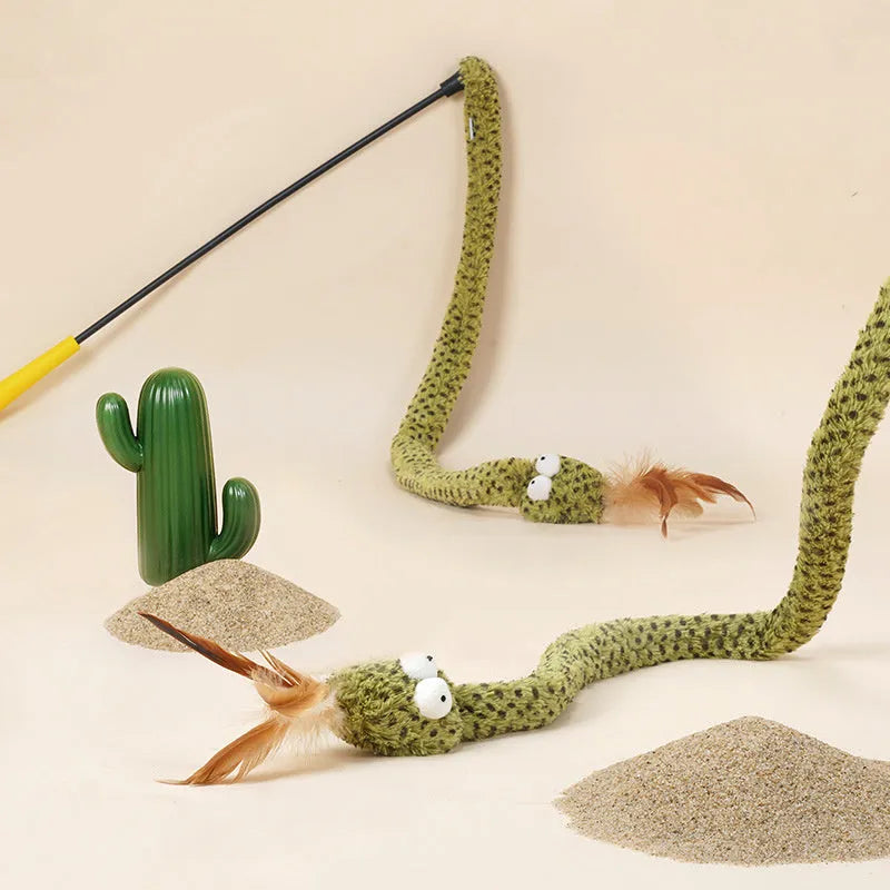 Green snake pattern cat teasing stick with feather attachment measuring 140cm long