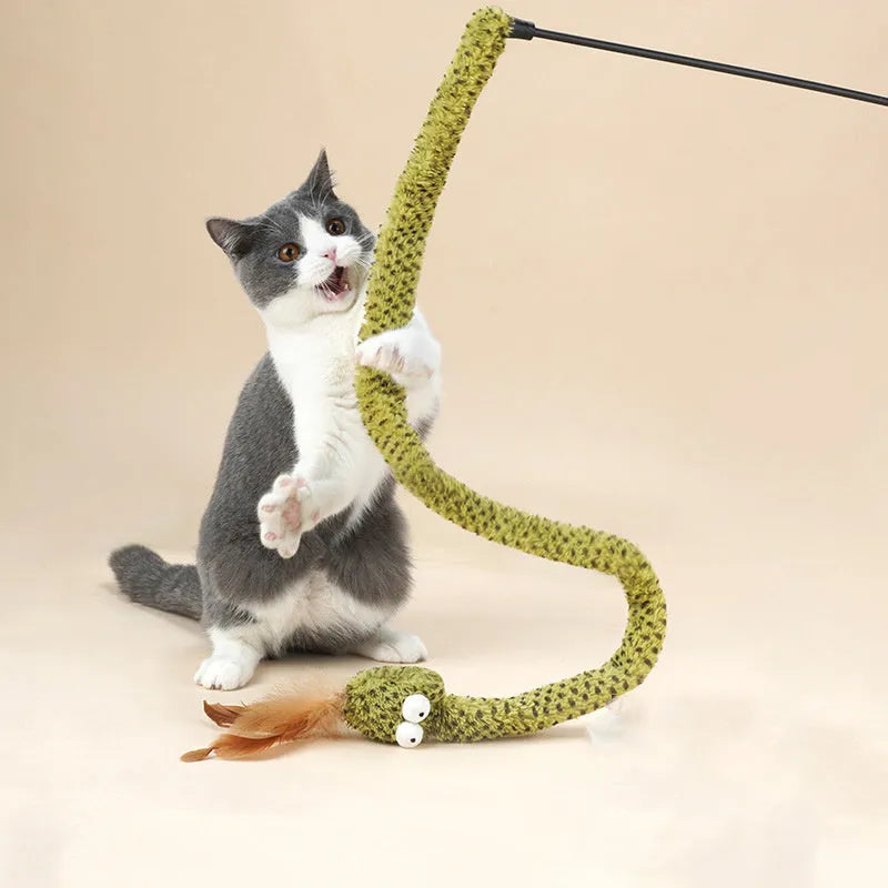 Green snake pattern cat teasing stick with feather attachment measuring 140cm long