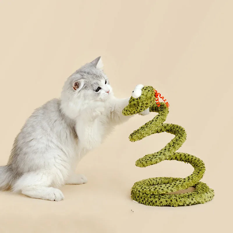 Green snake pattern cat teasing stick with feather attachment measuring 140cm long