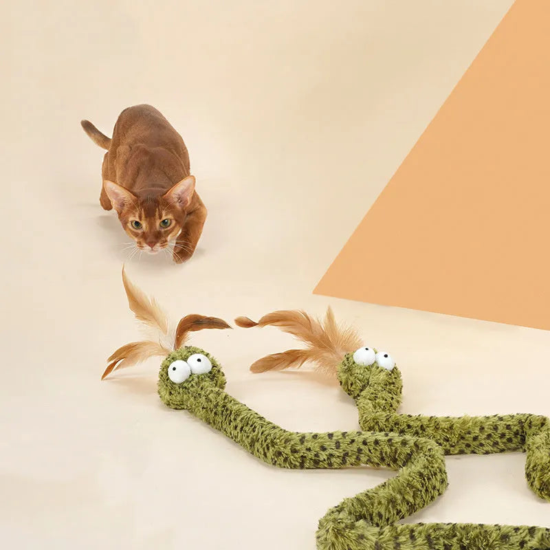 Green snake pattern cat teasing stick with feather attachment measuring 140cm long
