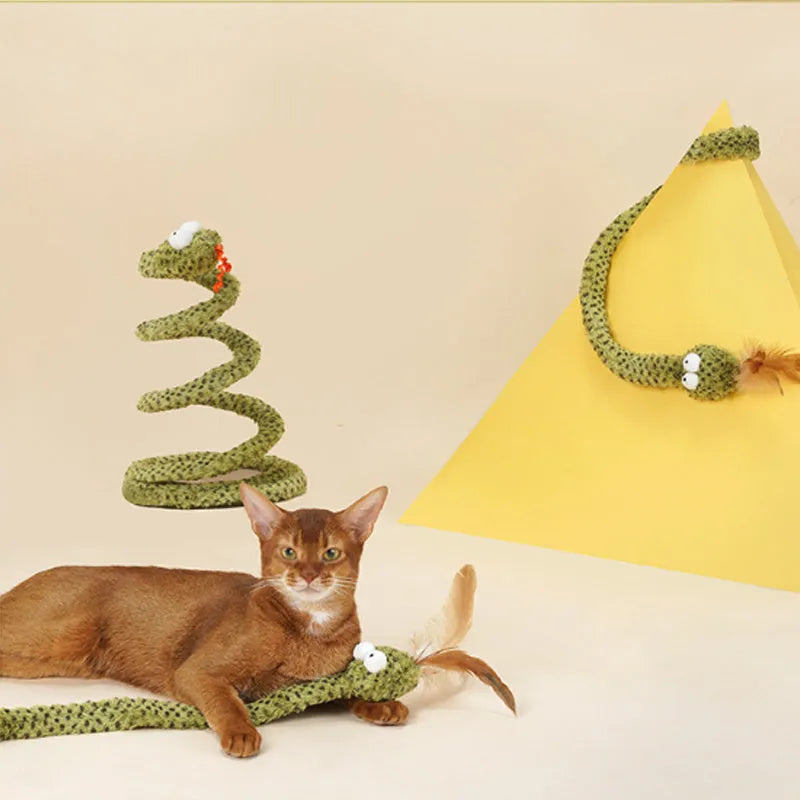 Green snake pattern cat teasing stick with feather attachment measuring 140cm long