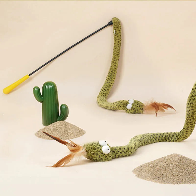 Green snake pattern cat teasing stick with feather attachment measuring 140cm long