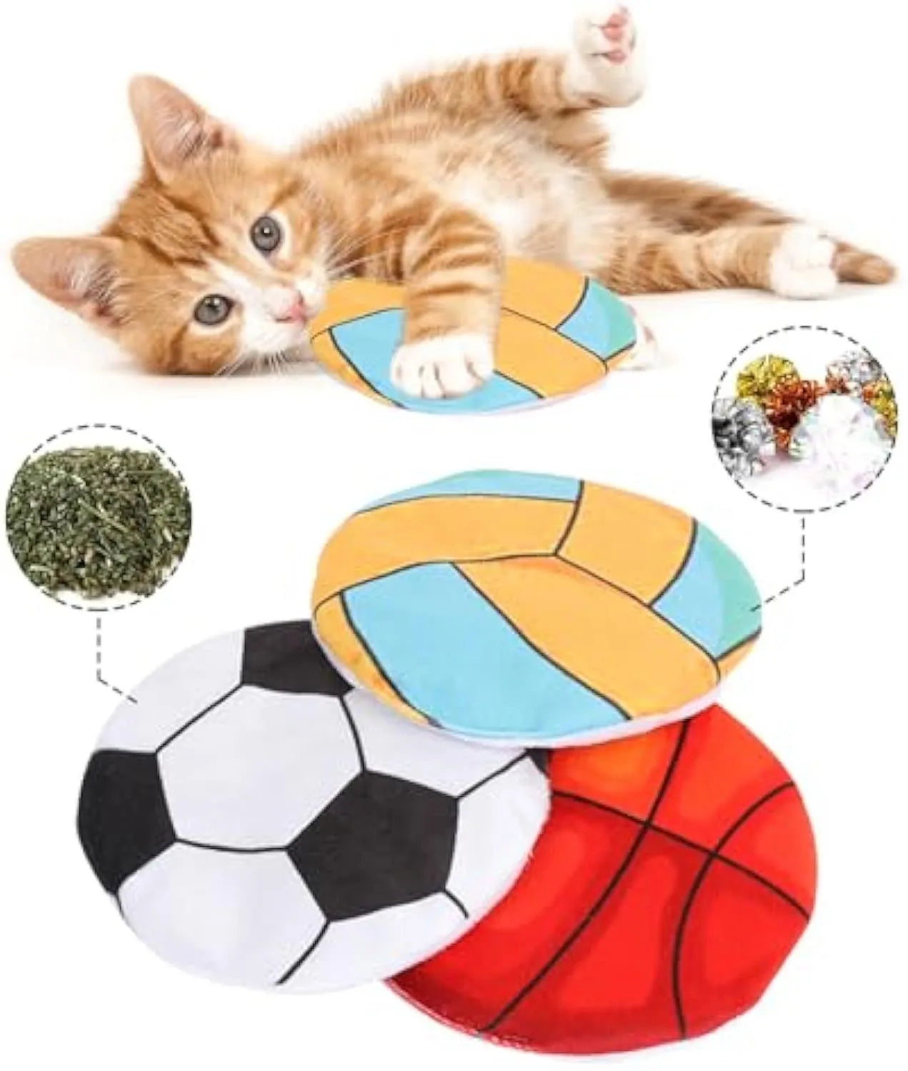 Soft plush cat toy with sports ball pattern, 5x5x2 cm, containing catnip and crinkle material for indoor cats